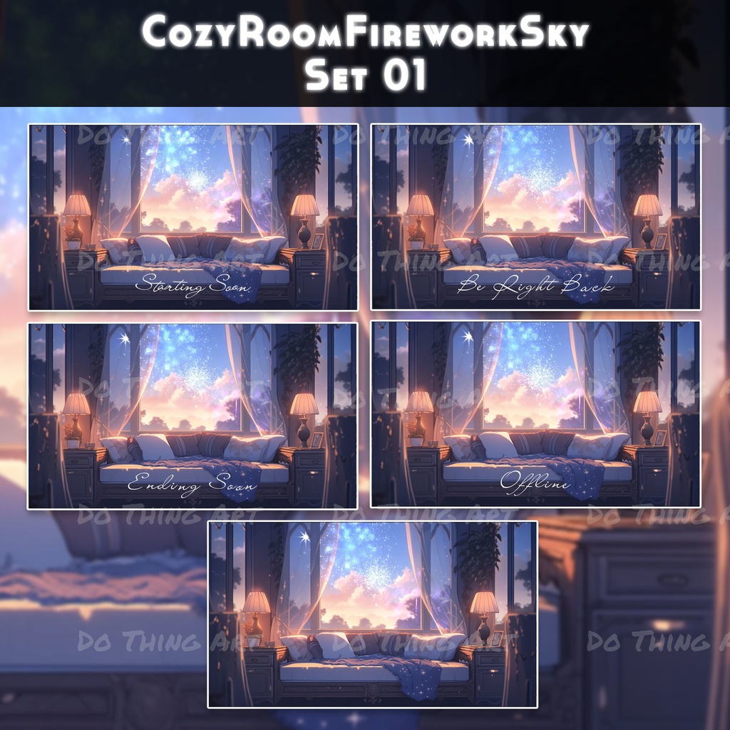 5 Set Animated Background Bundle - Cozy Room with Fireworks | Twitch Stream Screens | Twitch Loading Screens | Animated Screens | LoFi STYLE
