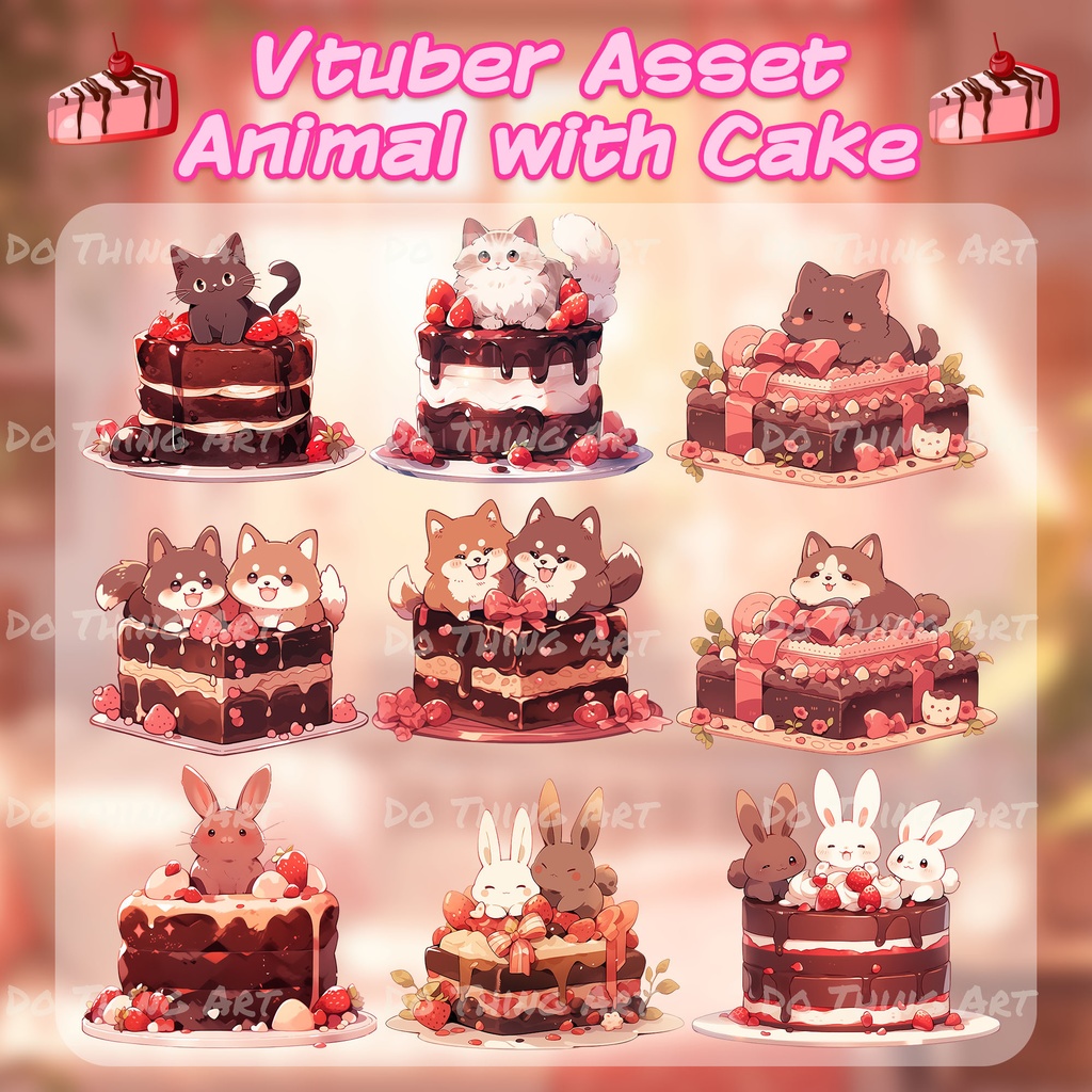 Vtuber Asset | Cute Animal with Cake | Twitch Decoration | Party Assets | Pngtuber Asset | Rabbit | Cat Lover | Dog Lover |  Valentine Asset