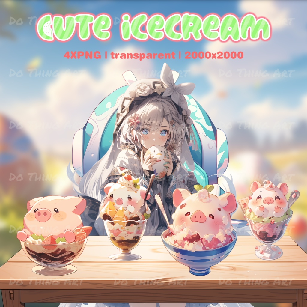 Vtuber Asset | Cute Ice Cream Piggy Theme Decoration | Cute Animal with Ice Cream | Twitch Decoration | Party Assets | Pngtuber Asset