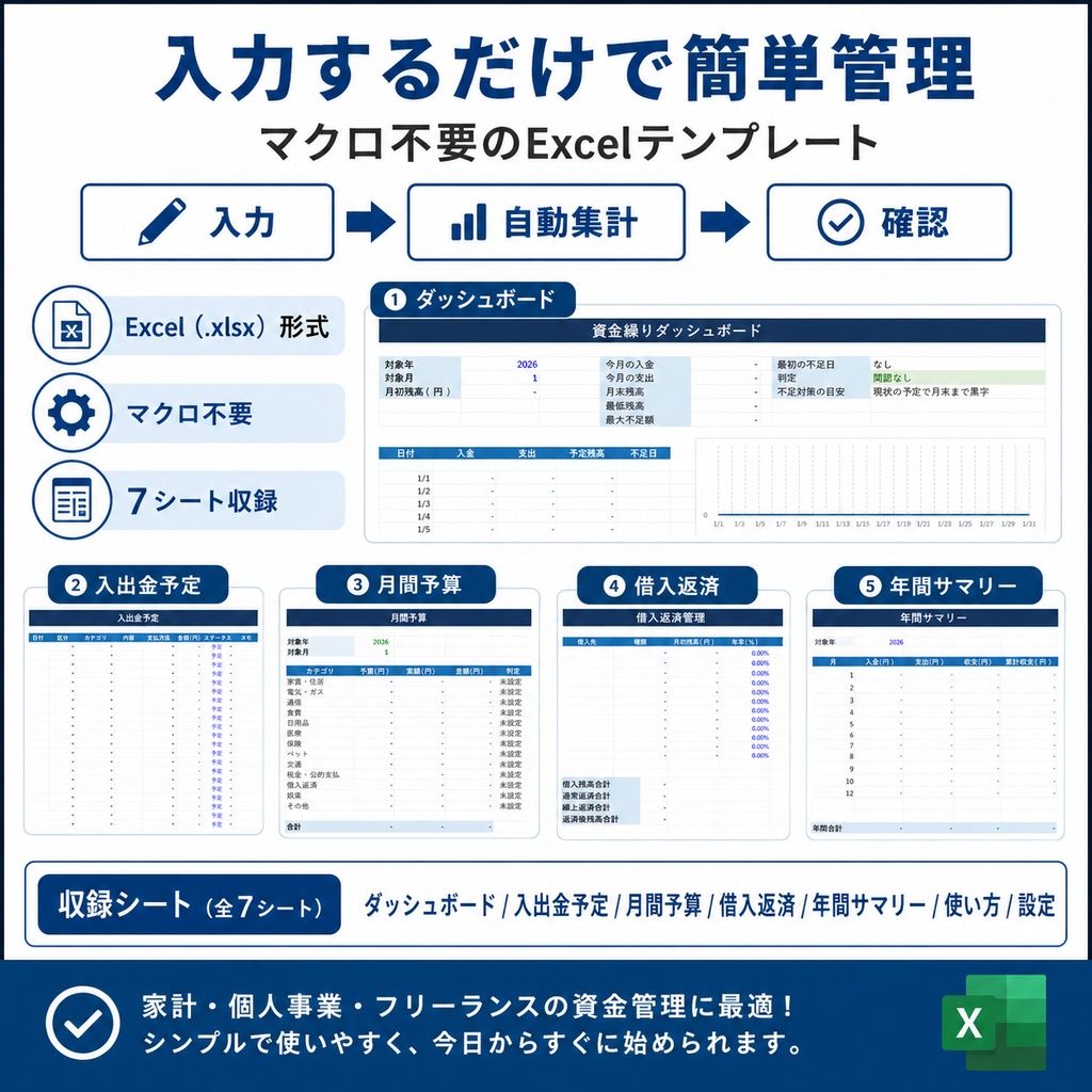 【Excel】かんたん資金繰り・支払管理テンプレート|残高不足・月間収支を自動確認