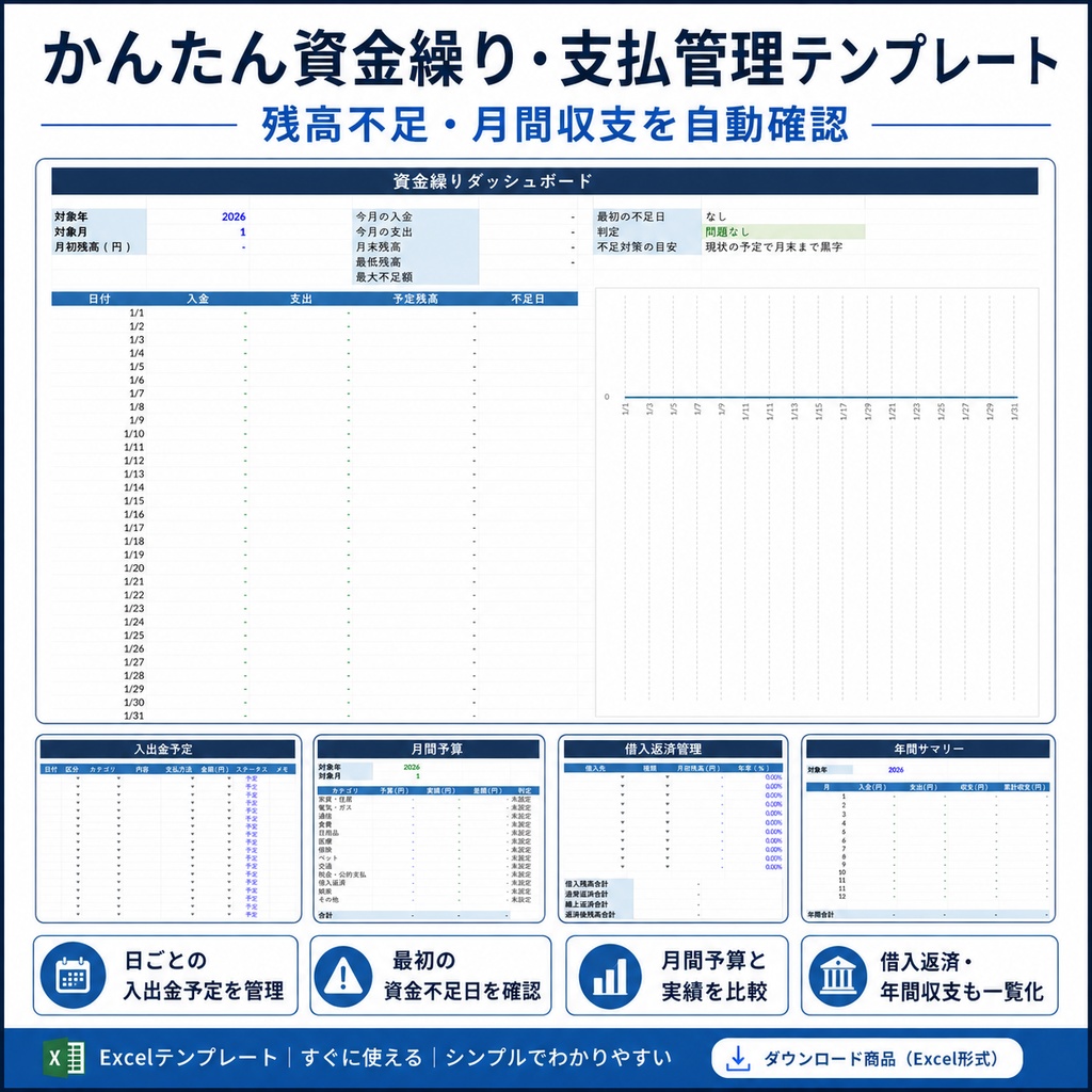 【Excel】かんたん資金繰り・支払管理テンプレート|残高不足・月間収支を自動確認