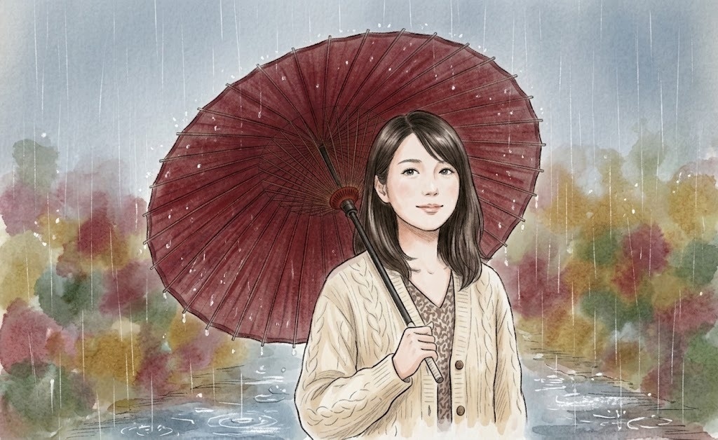 『秋雨の和傘美人』（シンプルで情景が伝わる）