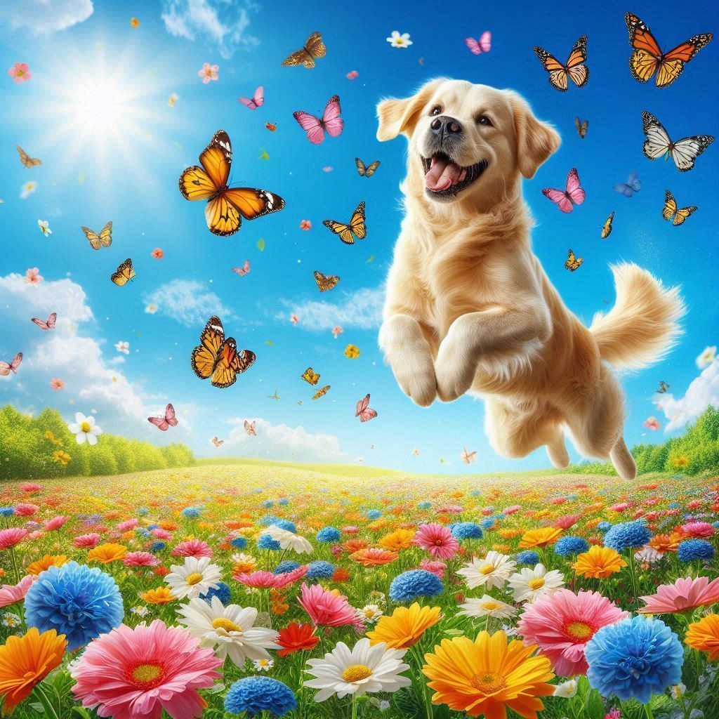 「春の日差しと笑顔の犬」