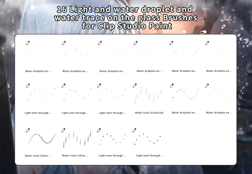 CLIPSTUDIO用雨の日、グラスの光、水の跡、そして水滴ブラシ