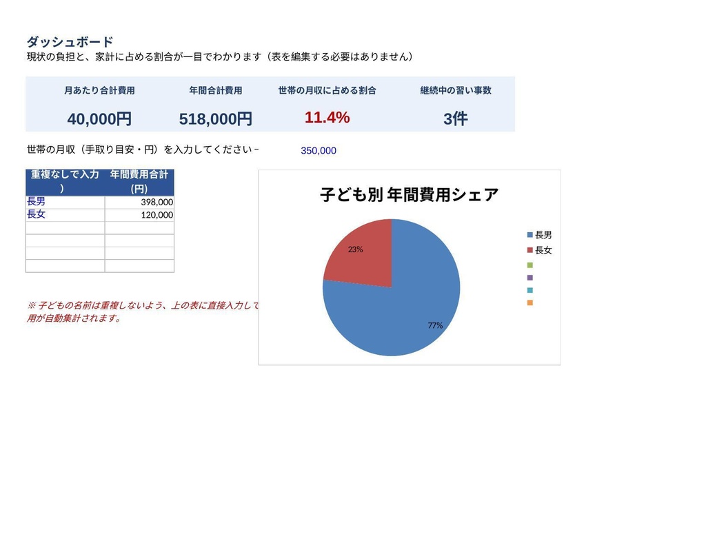 習い事費用シミュレーションシート