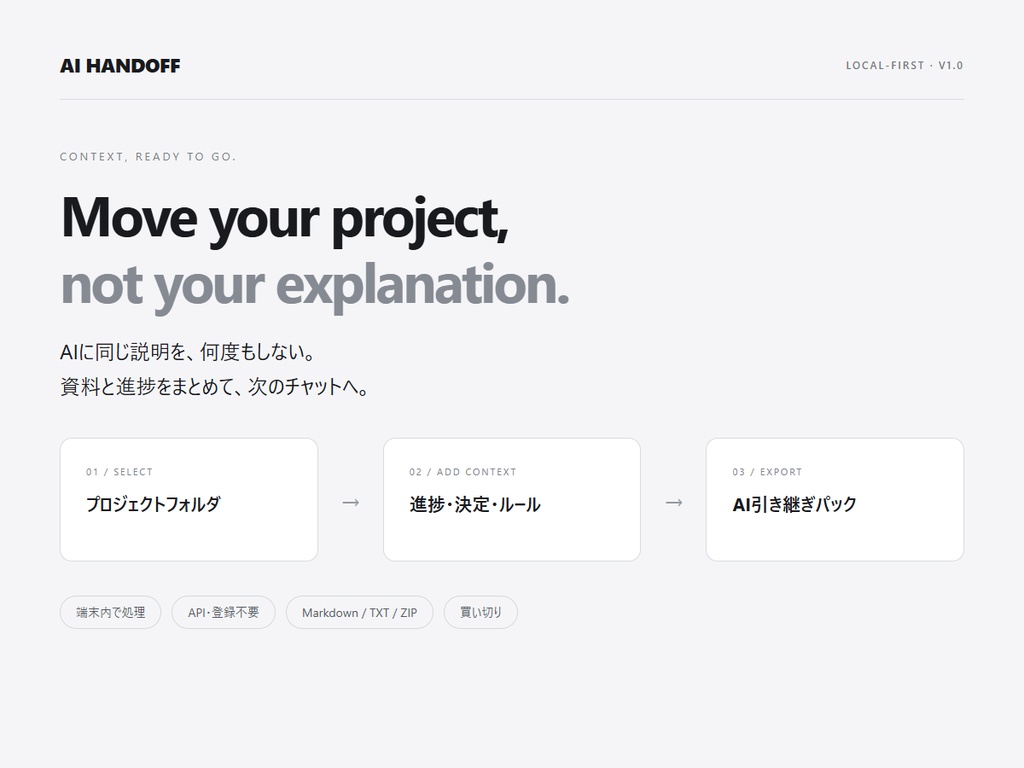 AI HANDOFF｜AIに同じ説明を何度もしない。ローカルで作るプロジェクト引き継ぎパック