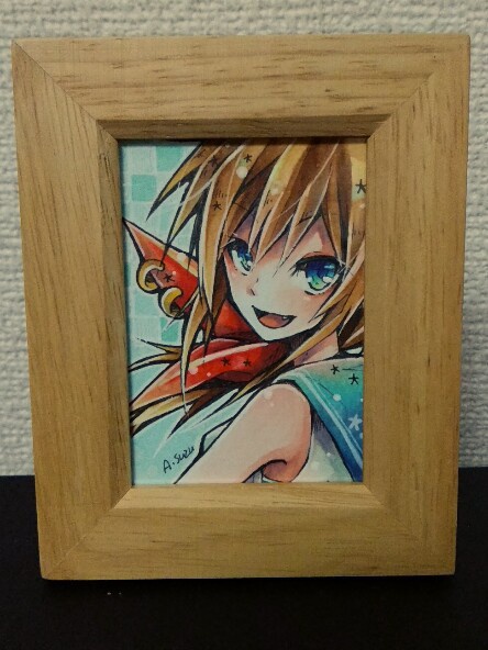 額付きミニ原画「青いまなざし、赤いリボン」