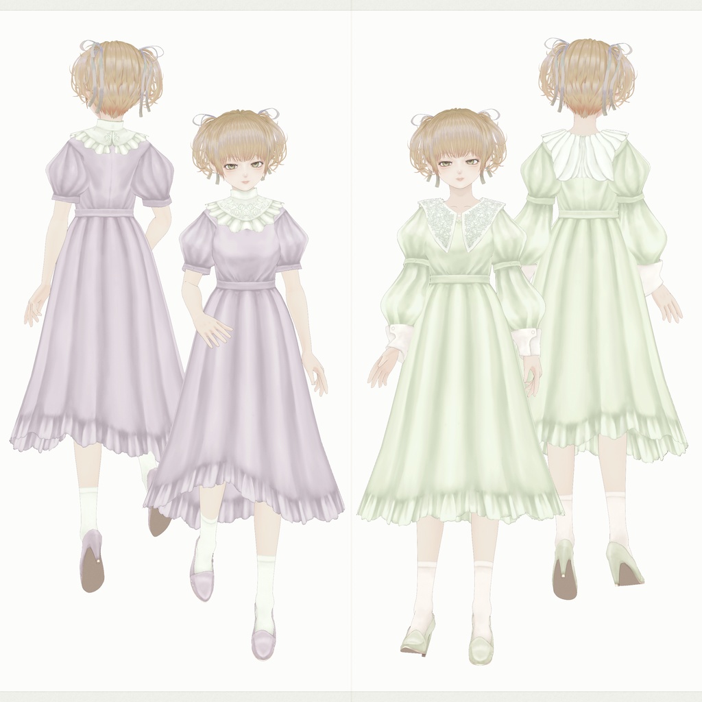 VRoidTexture∴Veined Pleated Bouquet / Two Sleeves Two Collars Dress