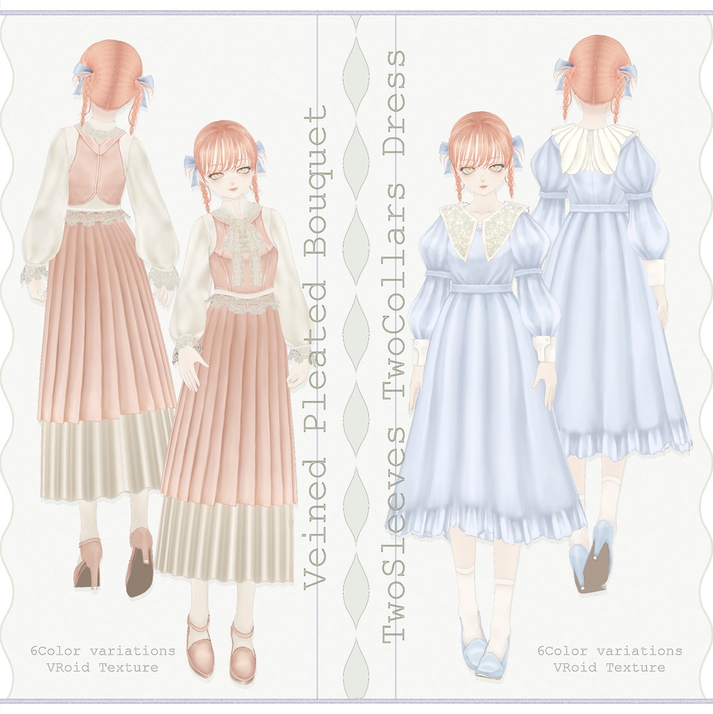 VRoidTexture∴Veined Pleated Bouquet / Two Sleeves Two Collars Dress