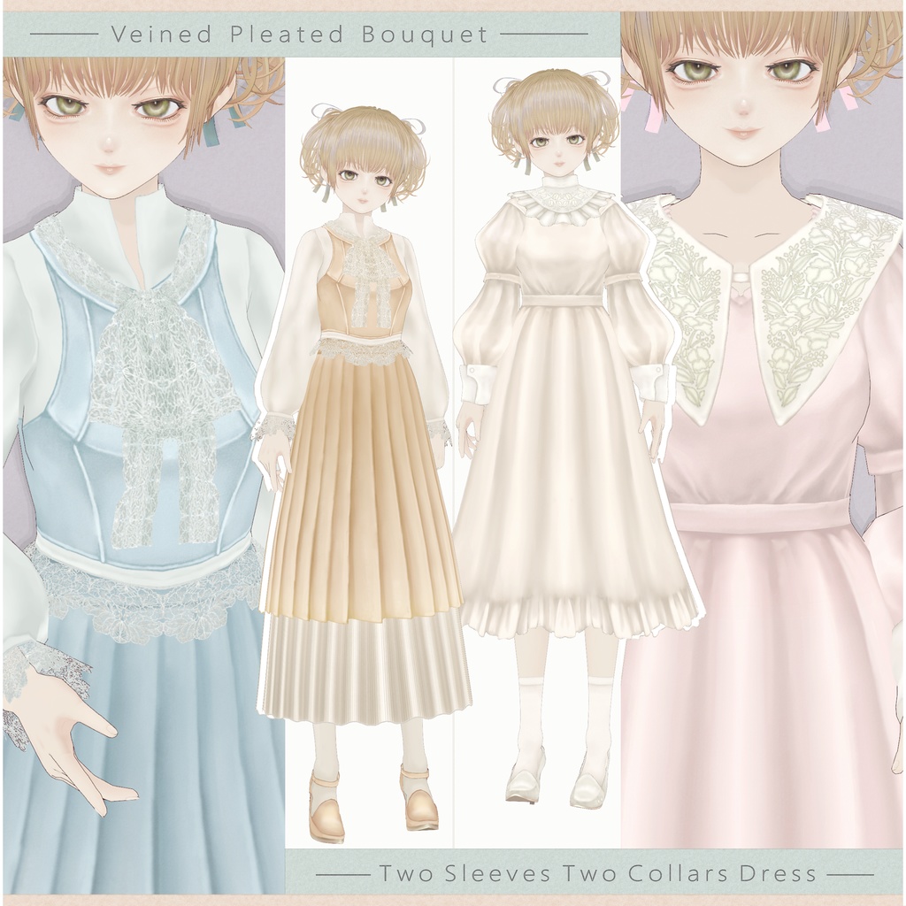 VRoidVer∴Veined Pleated Bouquet / Two Sleeves Two Collars Dress