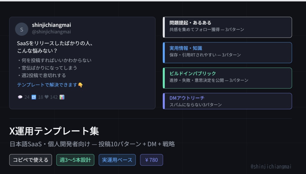 X運用テンプレート集｜日本語SaaS・個人開発者向け 投稿10パターン+DM+戦略