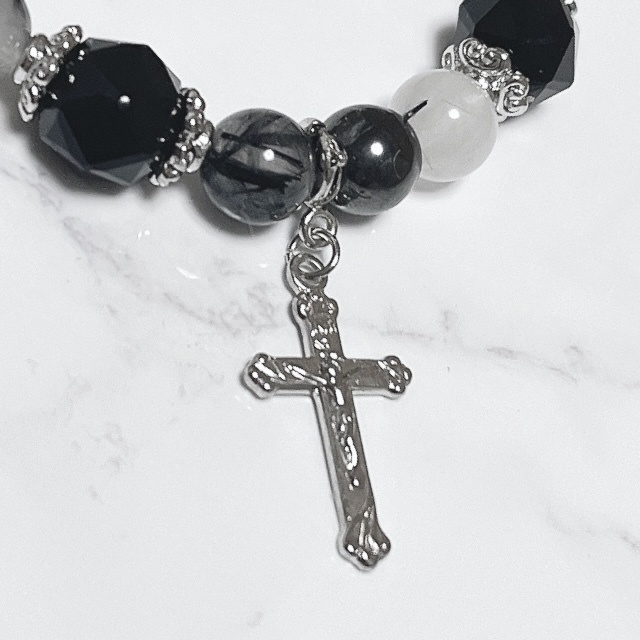 【最高品質】キリストチャーム✞ オニキス トルマリンクォーツ 天然石ブレスレット