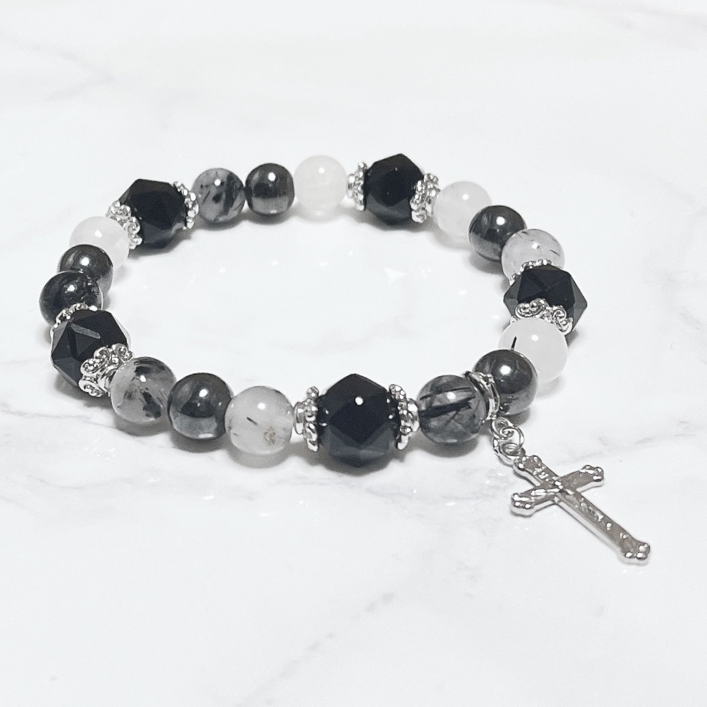 【最高品質】キリストチャーム✞ オニキス トルマリンクォーツ 天然石ブレスレット