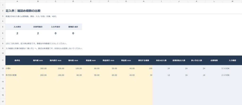 箱詰め個数の比較Excel|底面2方向の入数と必要箱数