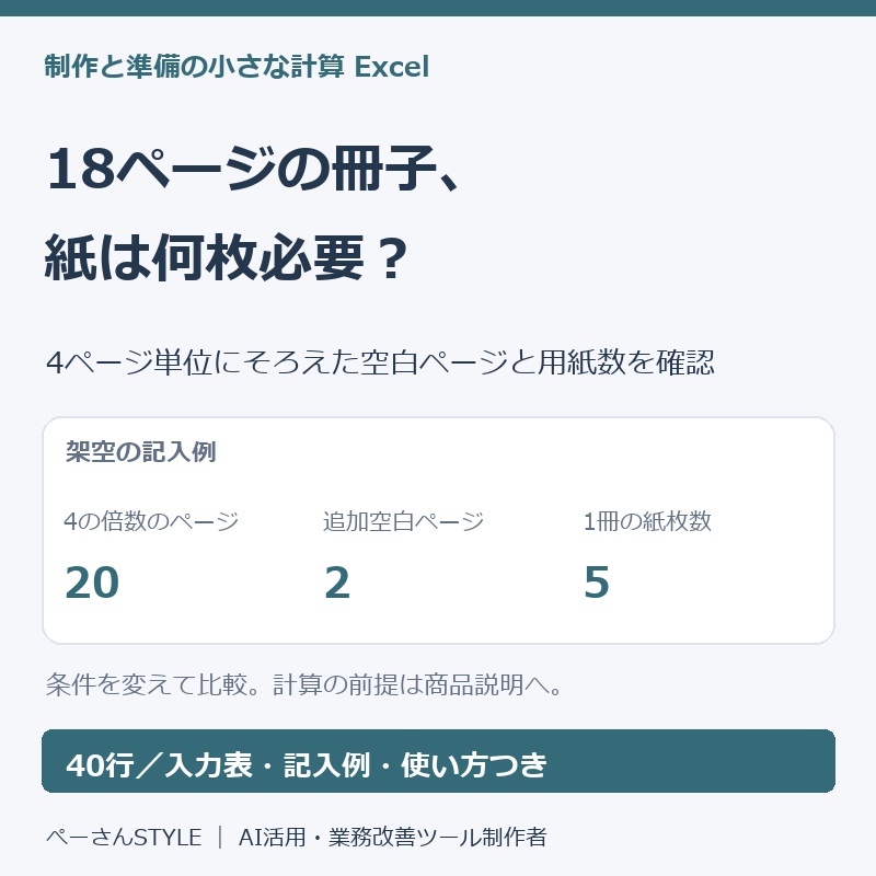 中綴じ冊子の紙枚数Excel|4ページ単位の空白と必要紙数を計算