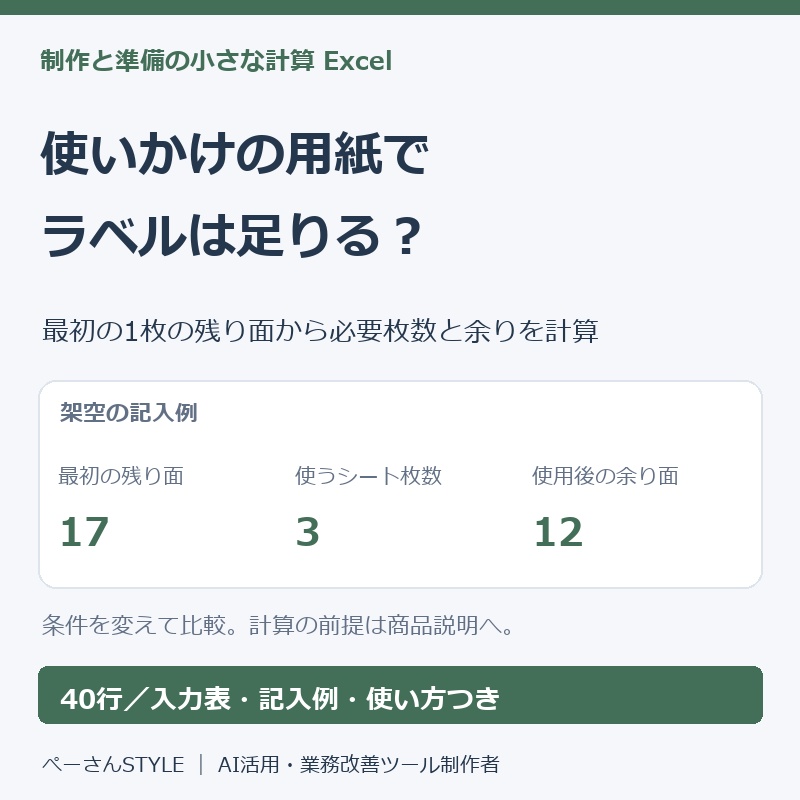 ラベル用紙計算Excel|使用済み面を除いて必要シート数を計算
