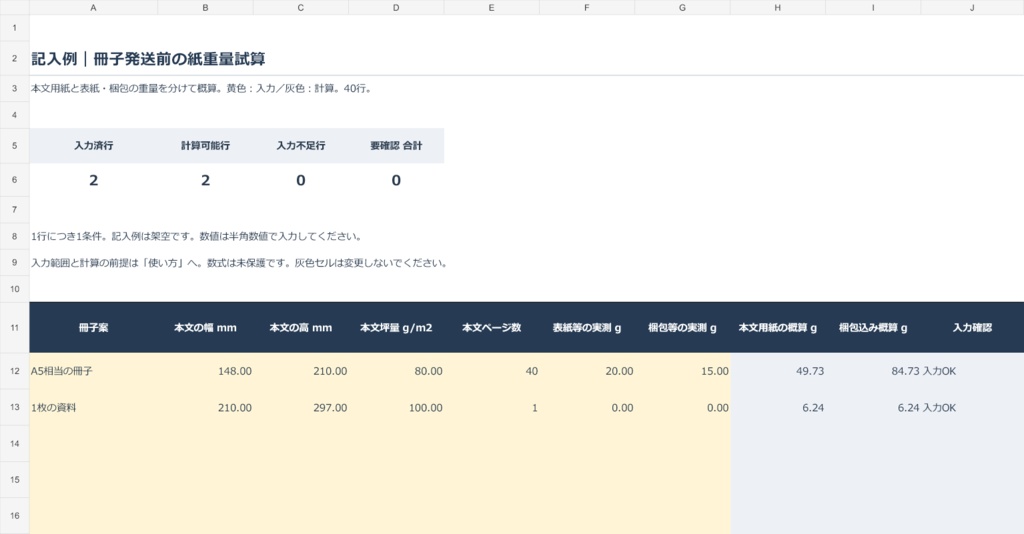 冊子の重量試算Excel|紙寸法・坪量・ページ数から梱包込みを概算