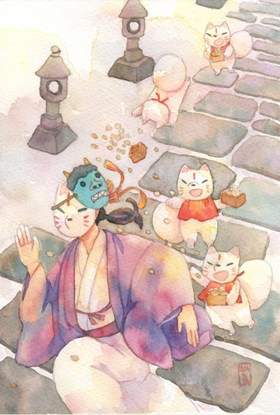 ポストカード(おきつね豆まき)