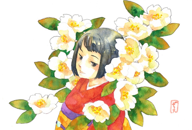 白い花に赤い着物のポストカード