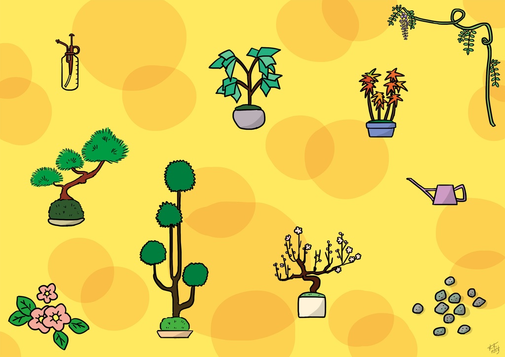 盆栽イラスト 背景色 黄 翠彗ただすのhandmadeshop 猫とお針箱suisui Booth