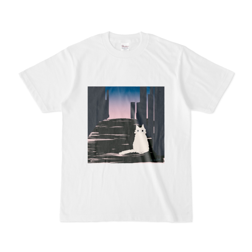 落日の街中の猫-Tシャツ(白)