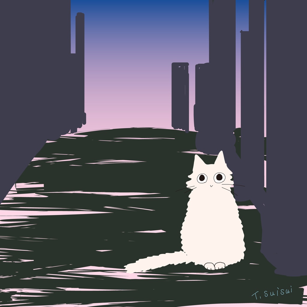 落日の街中の猫-Tシャツ(白)