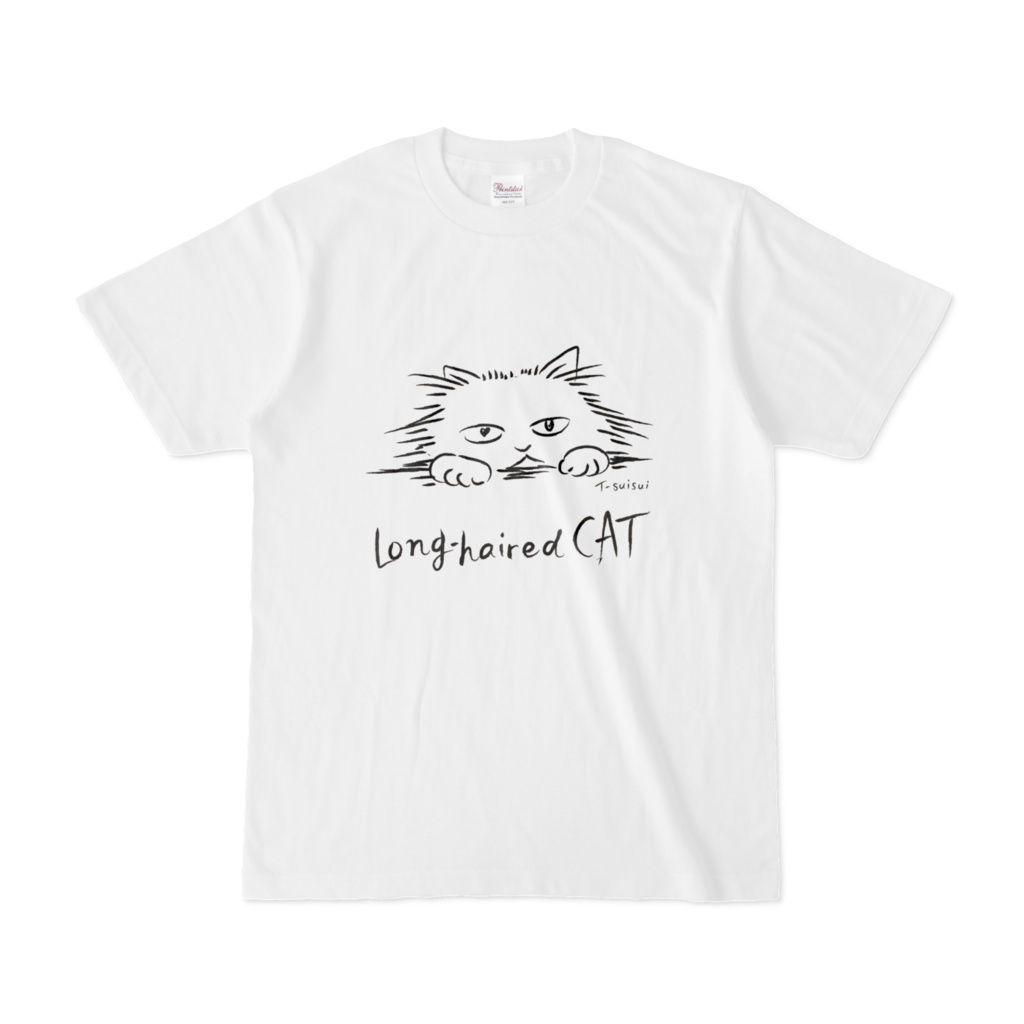 長毛種の猫-両面イラストTシャツ（白） - 翠彗ただすのHandMadeShop