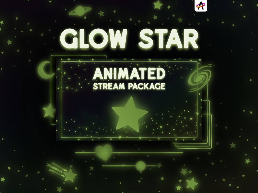Glow Star Stream Package - Animated Glow in the Dark Overlay Pack with Cute Green Layouts, Title Screens, Alerts and Borders
