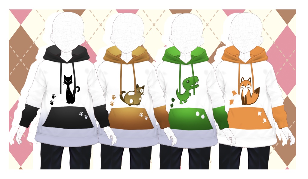 Cute Animal Hoodies for Vroid Duck, Hamster, Turtle, Cat, Fox, Dinosaur