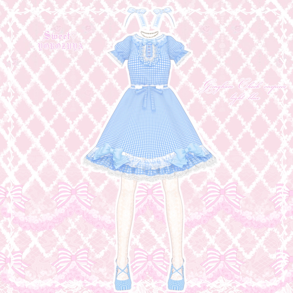 【Vroid用テクスチャ】ギンガムチェックのワンピース⁺リボン 靴 ストキング