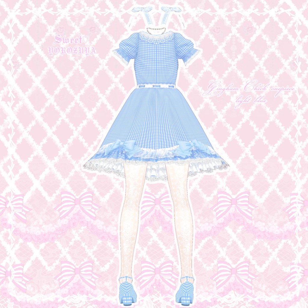【Vroid用テクスチャ】ギンガムチェックのワンピース⁺リボン 靴 ストキング