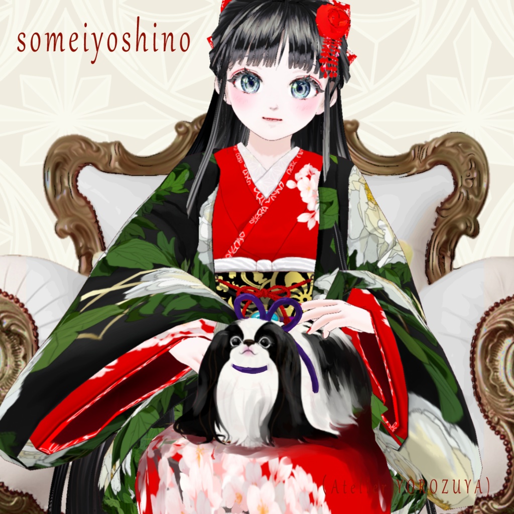 ソメイヨシノ訪問着 ・ 黒髪ロング【FBX・Xewar・Vroid用テクスチャ】・【VRoid用ヘアープリセット】