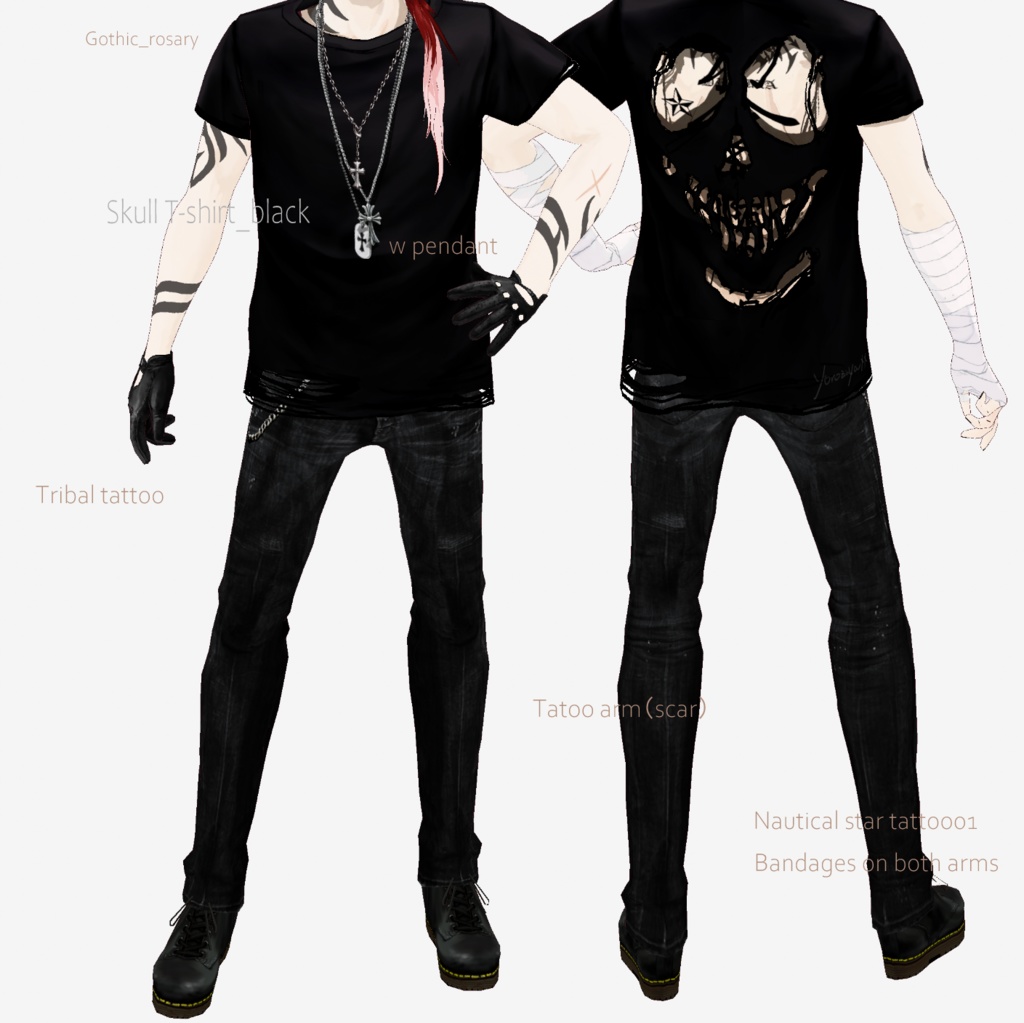 【FBX/ XWear/Vroid】Skull T-shirt_black 髑髏Tシャツ 黒 +ペンダント等