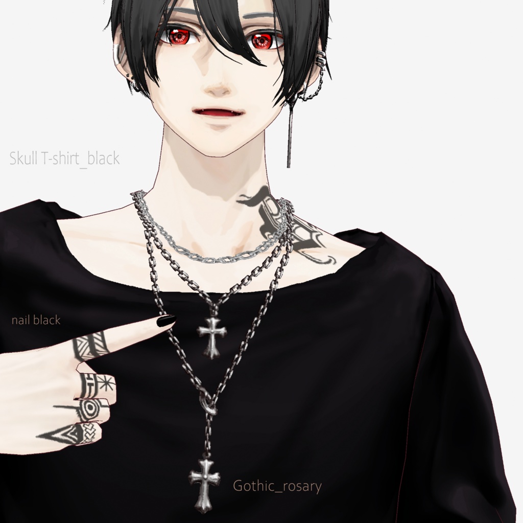 【FBX/ XWear/Vroid】Skull T-shirt_black 髑髏Tシャツ 黒 +ペンダント等