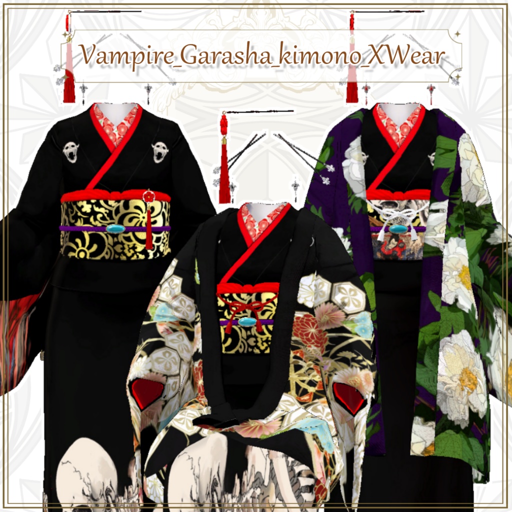 がしゃ髑髏訪問着 FBX/XWear/Vroidファイル　・　ガラシャVRMファイル　/Vroid用ヘアプリセット 