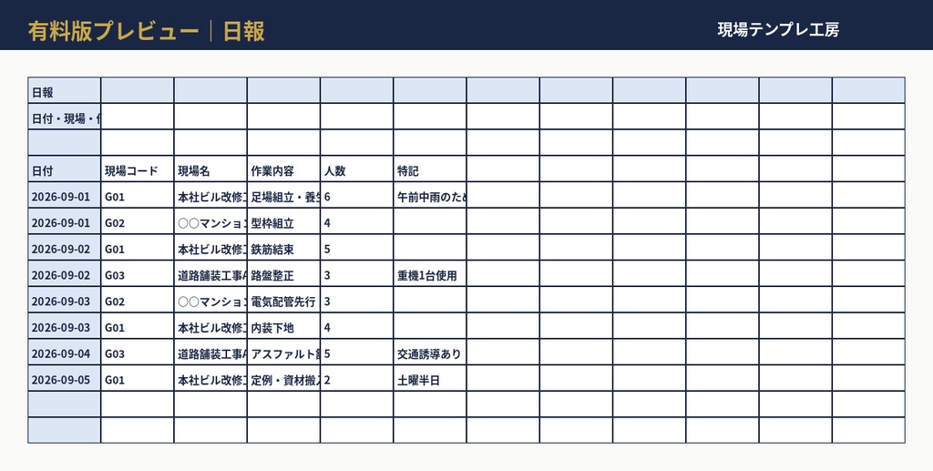 現場出面日報パック【有料】複数現場・月次集計・印刷用|Excel/Google対応