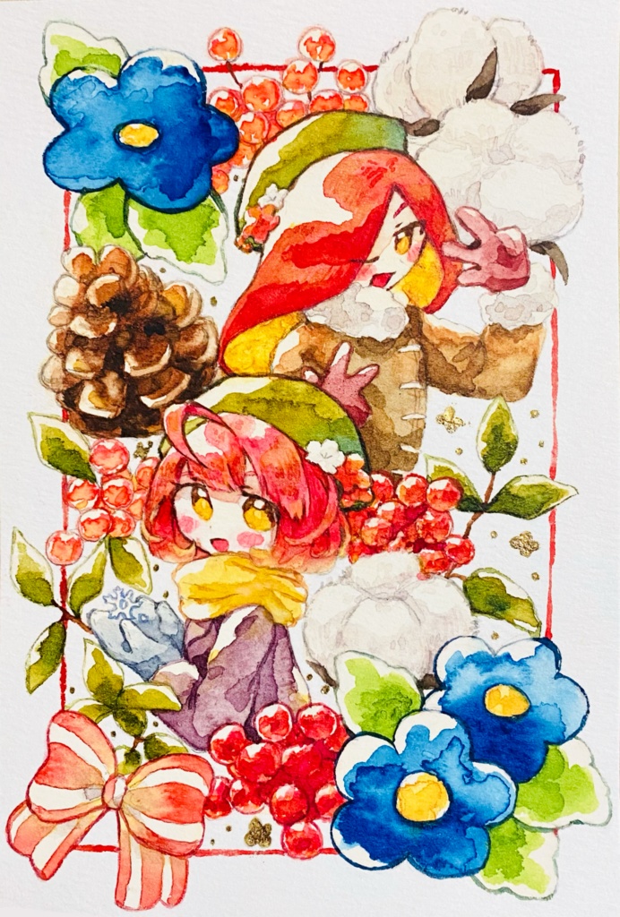 【創作】りんご姉妹🍎2026お正月 水彩原画 額付き