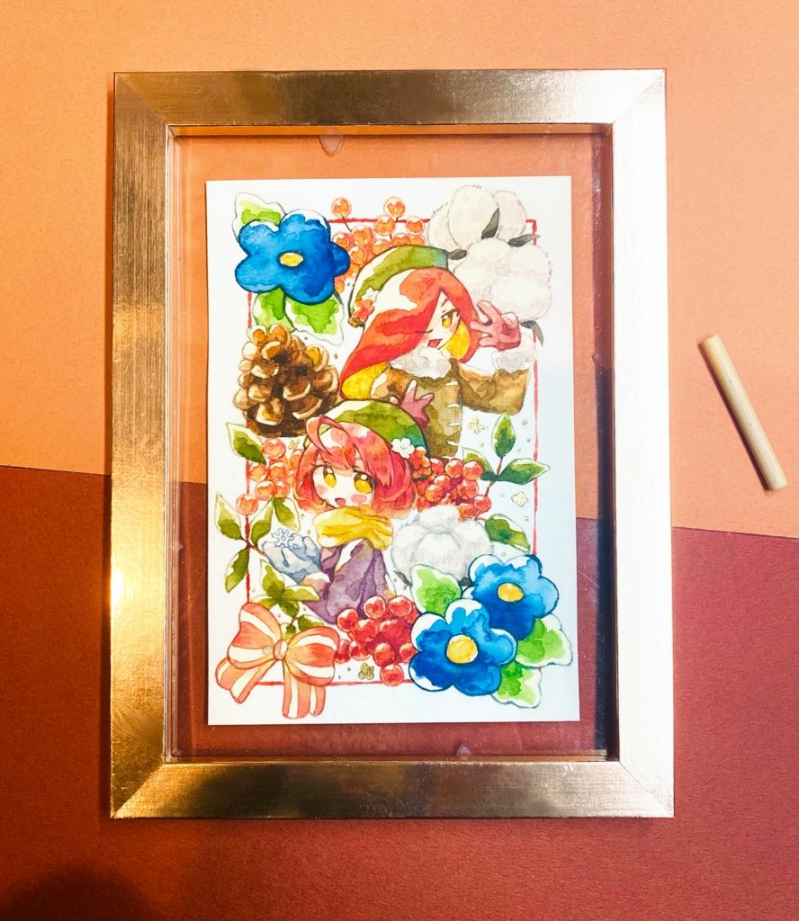 【創作】りんご姉妹🍎2026お正月 水彩原画 額付き