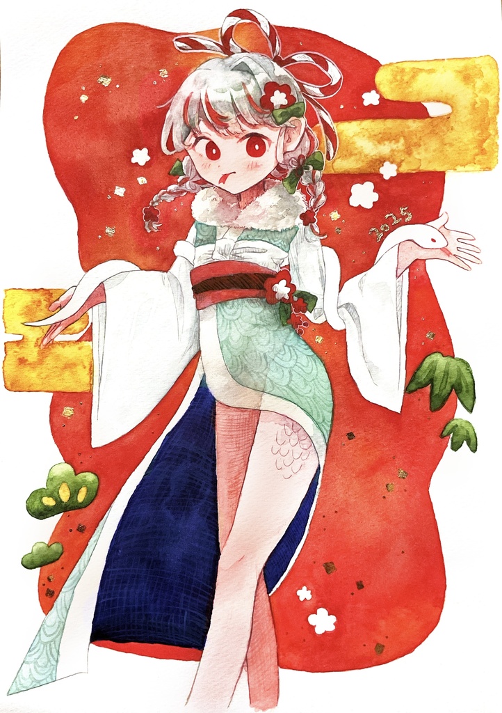 【創作】蛇の子🐍2025お正月 水彩原画 額付き