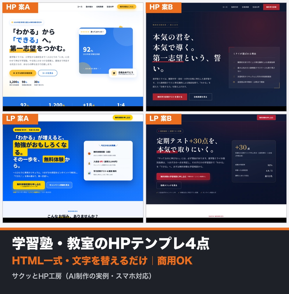 学習塾・教室のHPテンプレート4点セット(HTML一式・商用OK・スマホ対応)