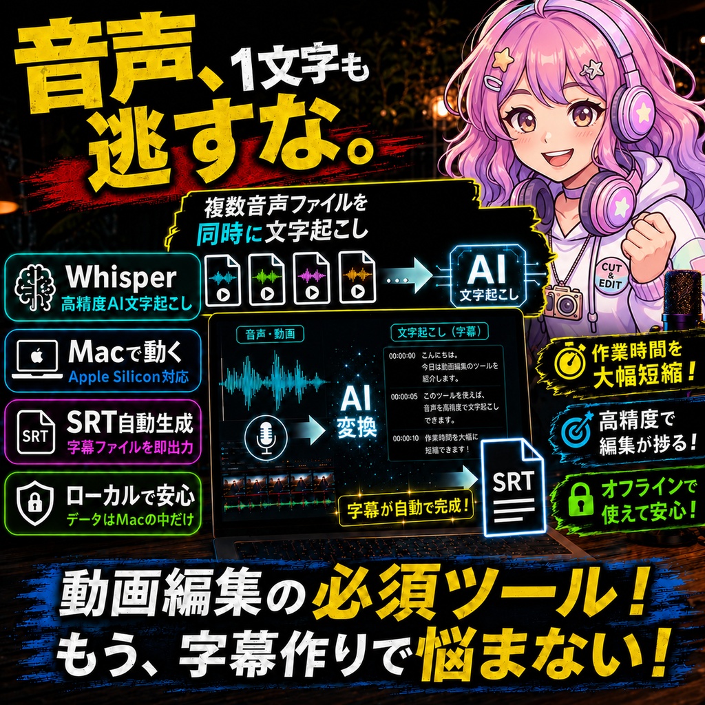 【電波がなくても動く】動画編集に最適！高精度ローカル一括文字起こしツール