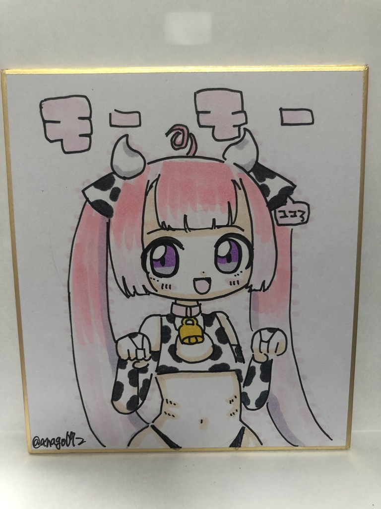 直筆ミニ色紙　牛ココア　レッツラモ～