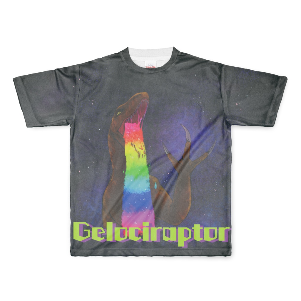 虹色嘔吐・宇宙ヴェロキラプトルフルグラフィックTシャツ