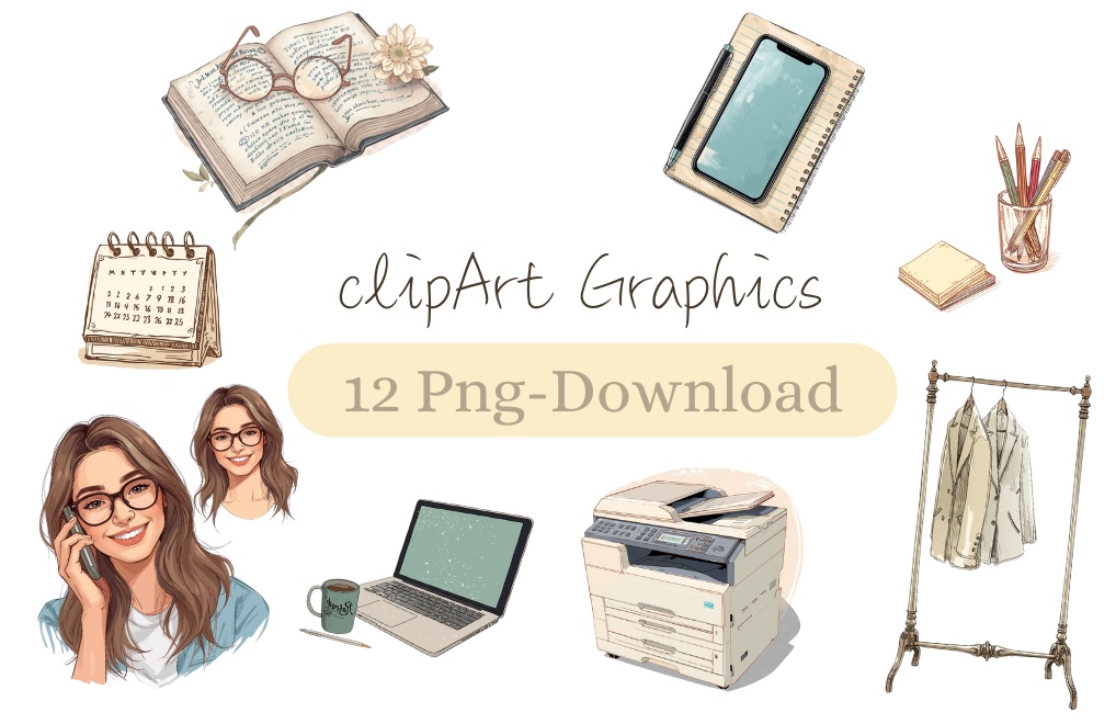 水彩タッチのオフィスクリップアート（全12点セット／PNG）／Watercolor Office Clip Art Set