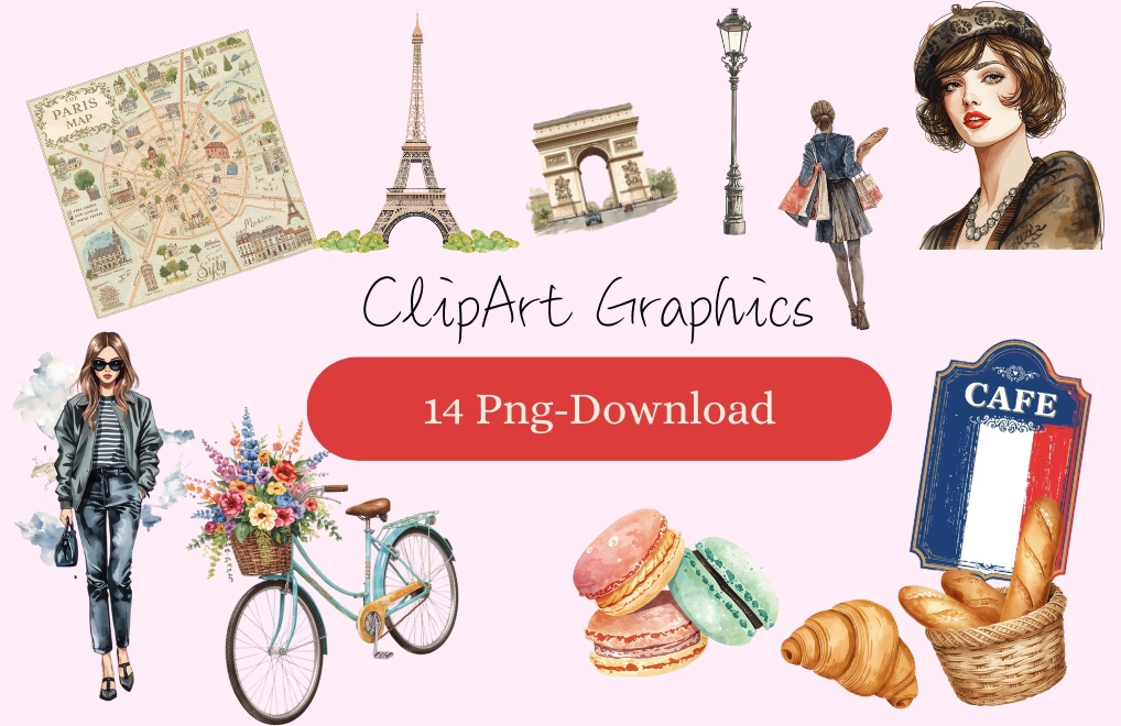 水彩タッチのパリ風クリップアート（全14点セット／PNG）／Watercolor Paris Clip Art Set