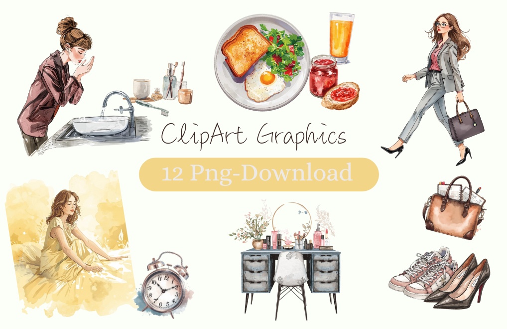 水彩タッチのモーニングクリップアート（全12点セット／PNG）／Watercolor Morning Clip Art Set