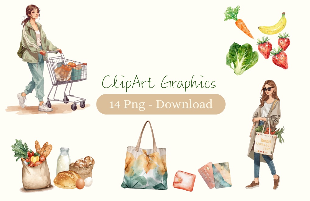 週末のスーパーマーケット・クリップアート（全14点セット／PNG）／Weekend Supermarket Clip Art Set