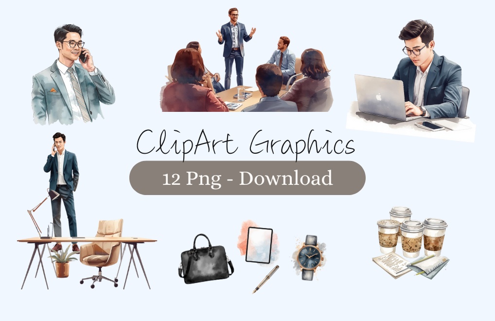 水彩タッチのビジネスクリップアート（全12点セット／PNG）／Watercolor Business Clip Art Set