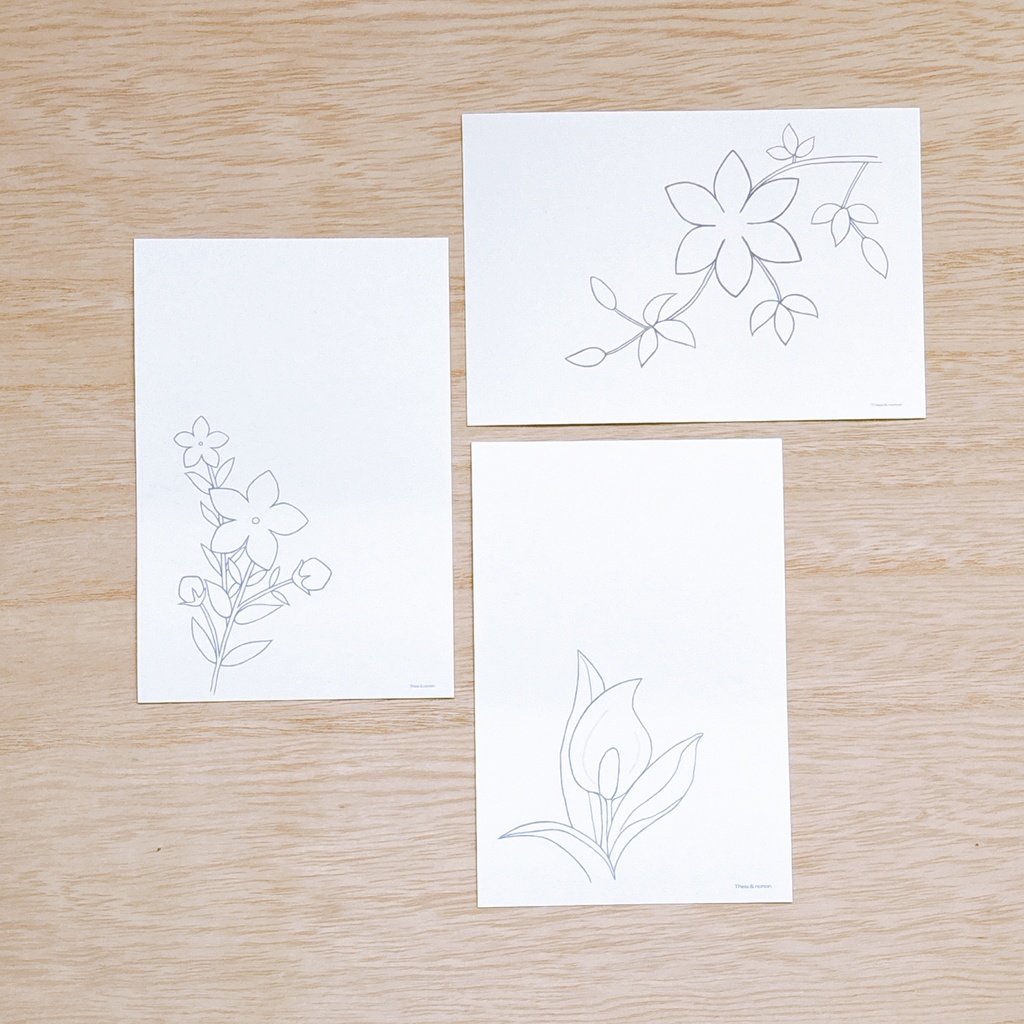 夏の花のポストカードと塗り絵 桔梗・水芭蕉・テッセン 3種×2タイプの6点セット