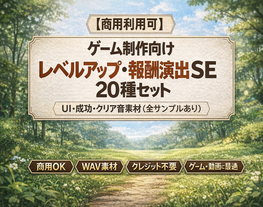 【商用利用可】ゲーム制作向けレベルアップ・報酬演出SE20種セット｜UI・成功・クリア音素材（全サンプルあり）
